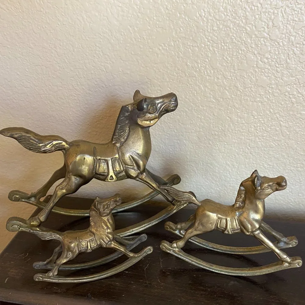 Trio Of Vintage Mid Century Solid Brass Rocking Horses Holiday Decor - Picture 9 of 15